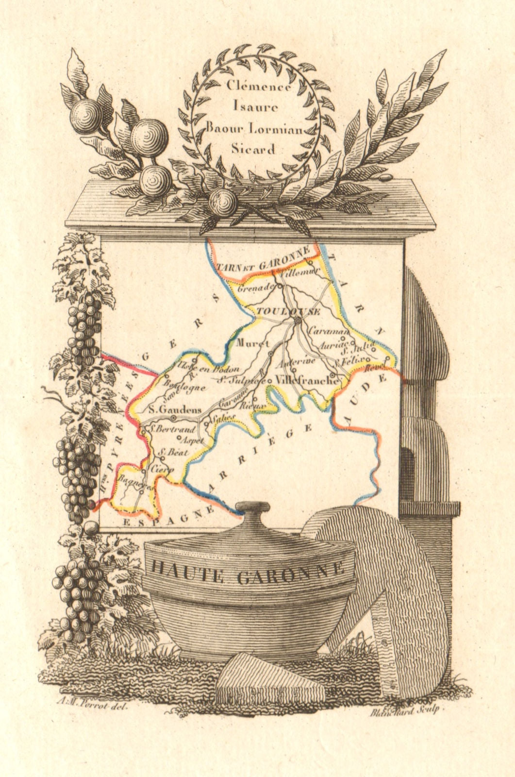 HAUTE-GARONNE département. 'Haute Garonne'. Scarce map/carte by A.M. PERROT 1823